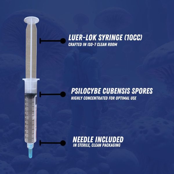 Penis Envy spores in a syringe with blue background