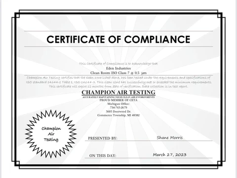 Certificate of Compliance for Champion Air Testing